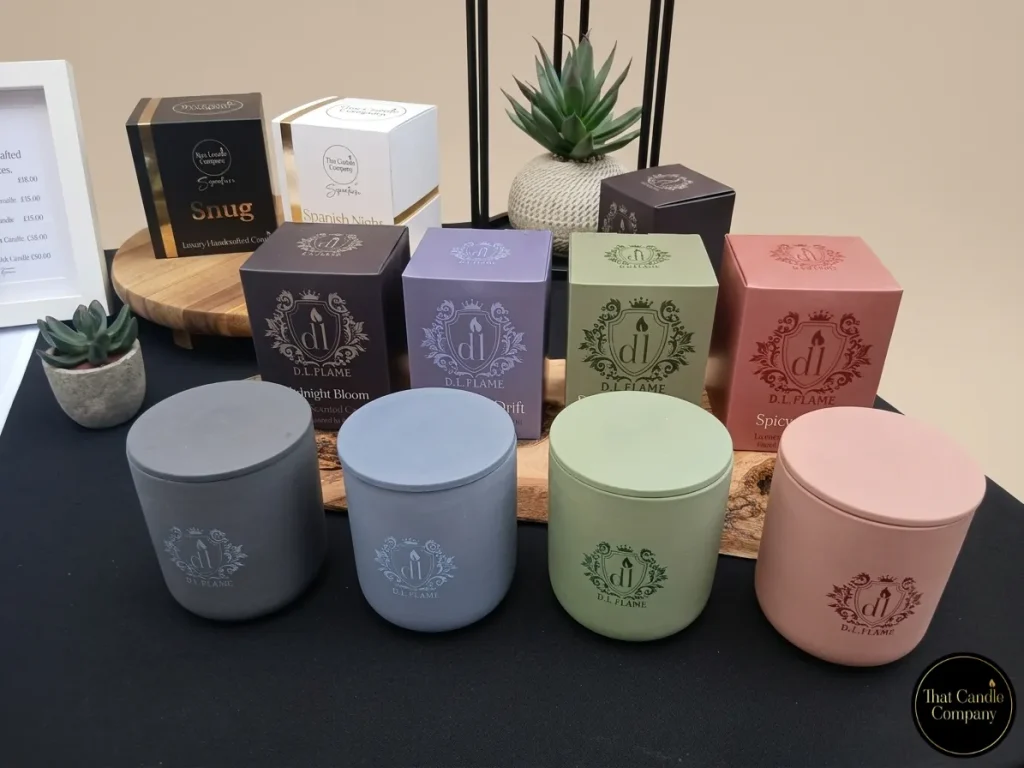 Luxury fragrance candle collection from That Candle Company featuring D.L. Flame ceramic candles, Spanish Nights luxury scented candle and premium home fragrance gift boxes.