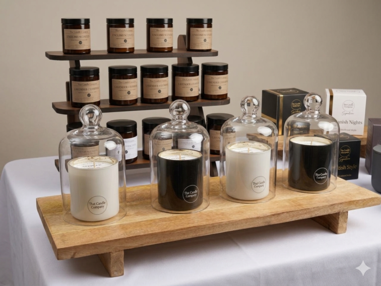 Luxury scented candles displayed on a premium wooden stand at a craft fair, featuring glass cloches, amber apothecary jars and elegant gift packaging from That Candle Company.