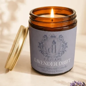 Lavender Drift Luxury Scented Candle with flame.
