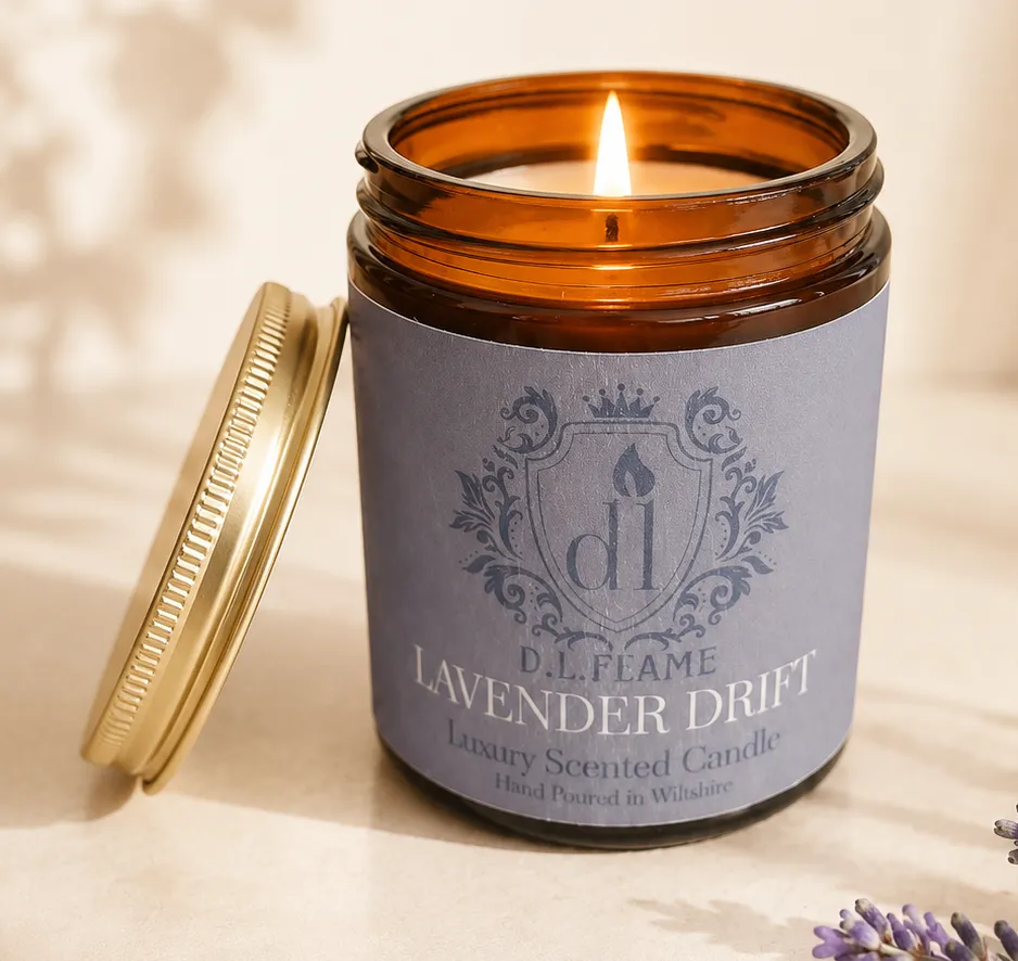 Lavender Drift Luxury Scented Candle with flame.