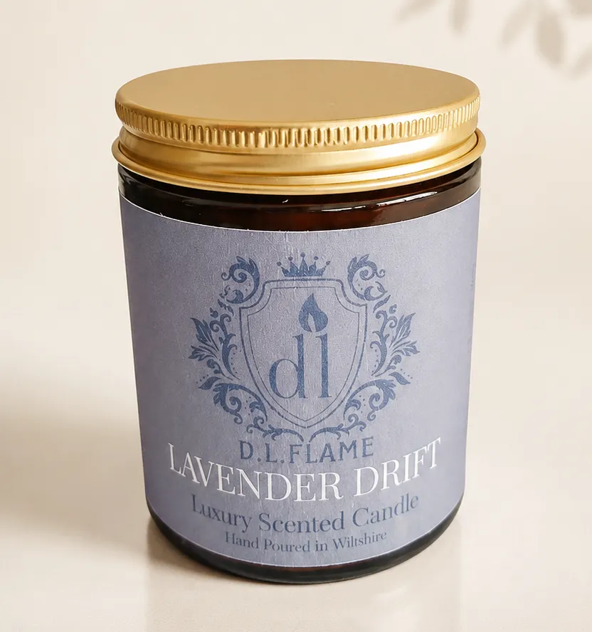 Lavender Drift Luxury Scented Candle in an amber jar with gold lid