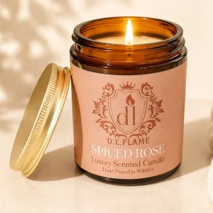 Spiced Rose hand poured luxury scented candle showing flame