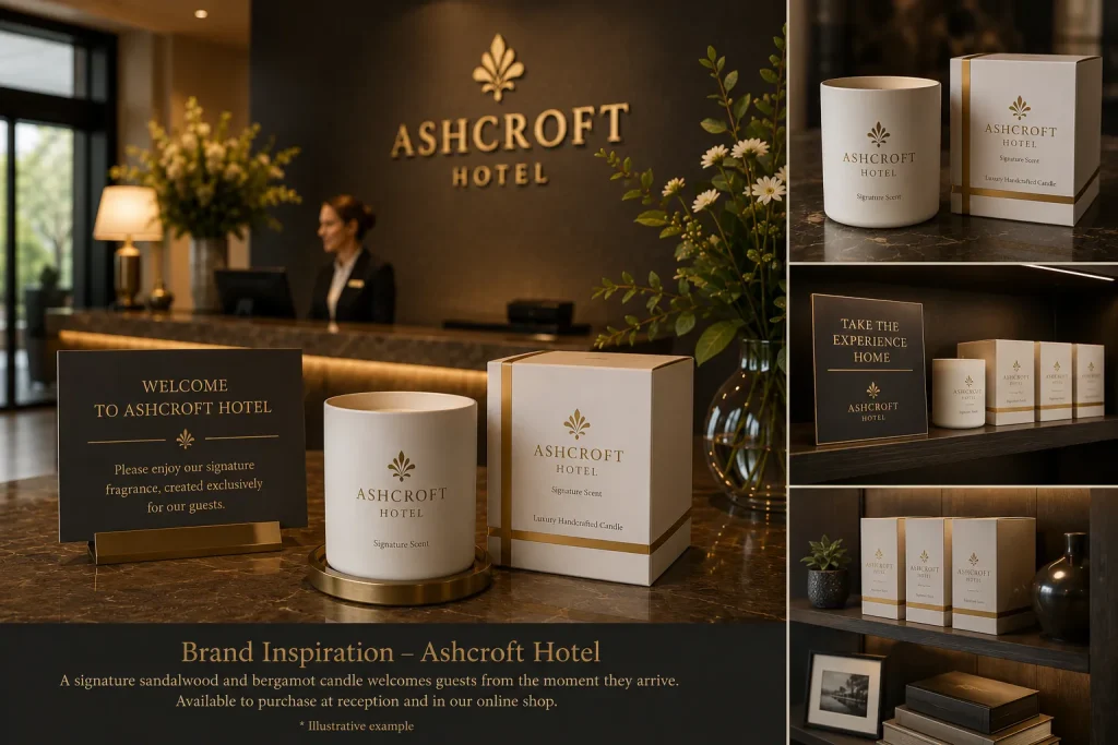 Luxury hotel candle collection featuring bespoke packaging, signature fragrance and premium reception display.