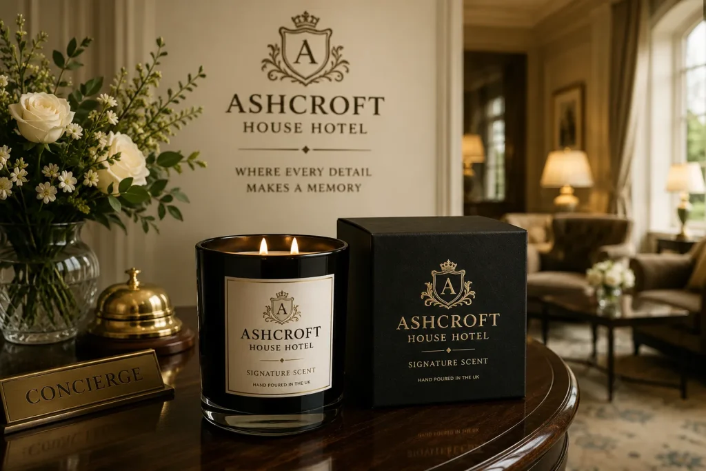 Luxury Hotel Candle displayed in the reception of the fictional Ashcroft House Hotel, featuring bespoke branding, premium packaging and a signature hotel fragrance.