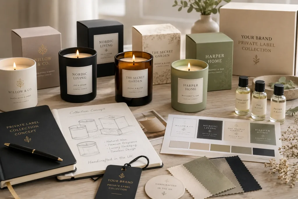 Luxury private label candle collection with bespoke packaging, fragrance samples and product development for UK businesses.