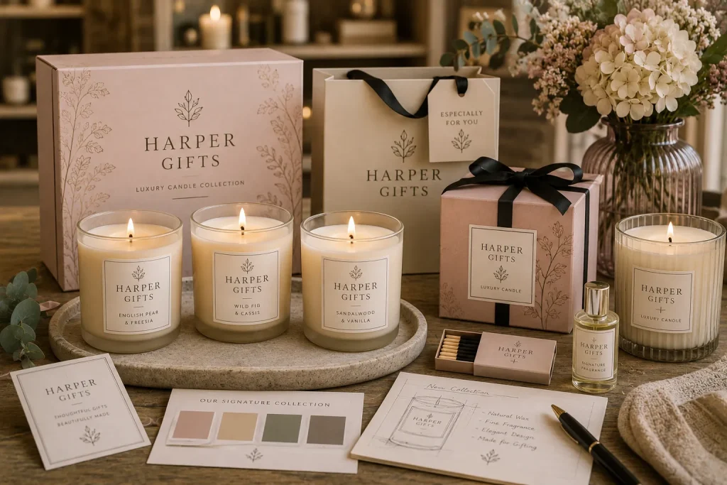 Luxury candle gift collection created for the fictional Harper Gifts brand with bespoke packaging and exclusive fragrances.