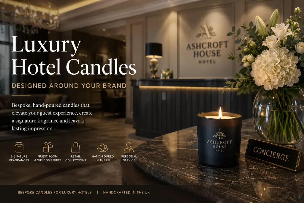 Luxury hotel reception featuring a bespoke branded candle on the concierge desk, illustrating how handcrafted hotel candles enhance the guest experience and strengthen hotel branding.