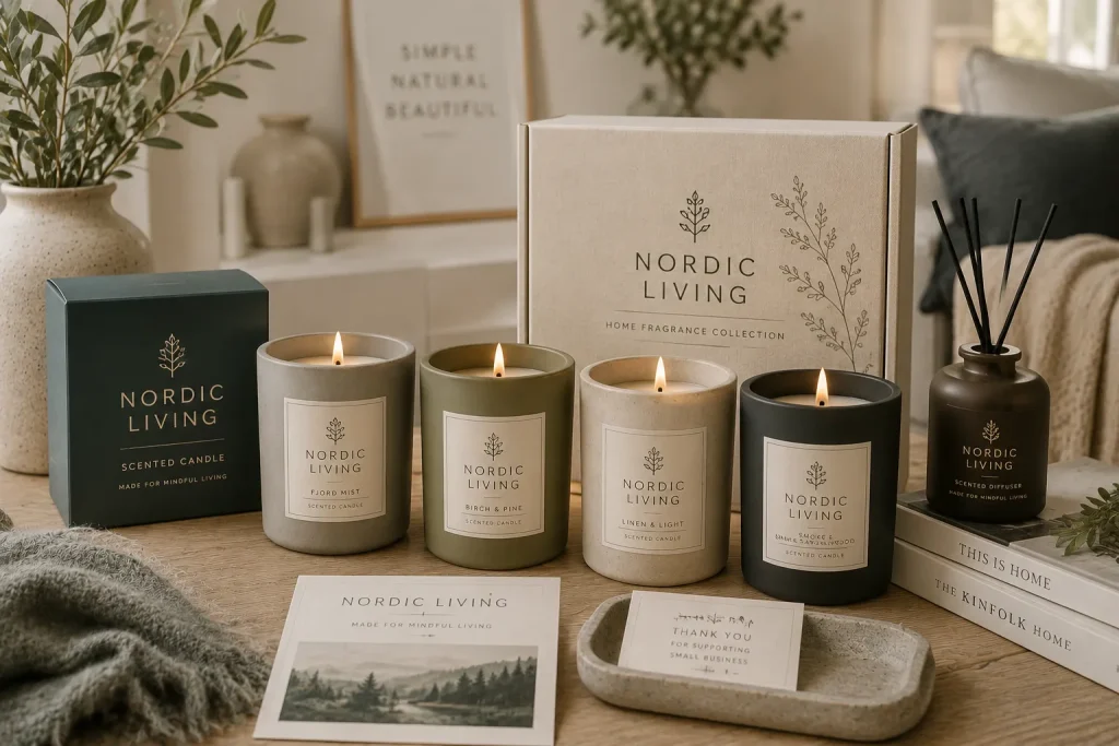 Scandinavian-inspired luxury home fragrance collection created for the fictional Nordic Living brand with bespoke candles, reed diffuser and premium packaging.