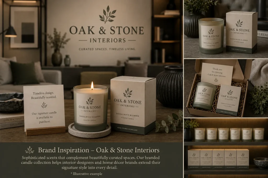 Branded candles for home interiors featuring a bespoke Oak & Stone Interiors luxury candle collection with custom packaging, premium branding and retail display.