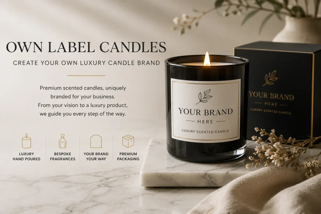Own label luxury scented candle with bespoke branding and premium packaging for businesses