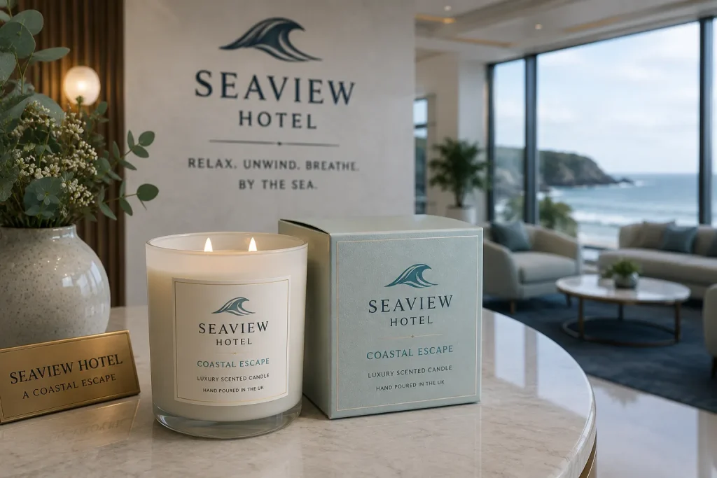 Bespoke branded candle displayed in the reception of the fictional Seaview Hotel, featuring bespoke branding, coastal-inspired packaging and a signature hotel fragrance overlooking the sea.
