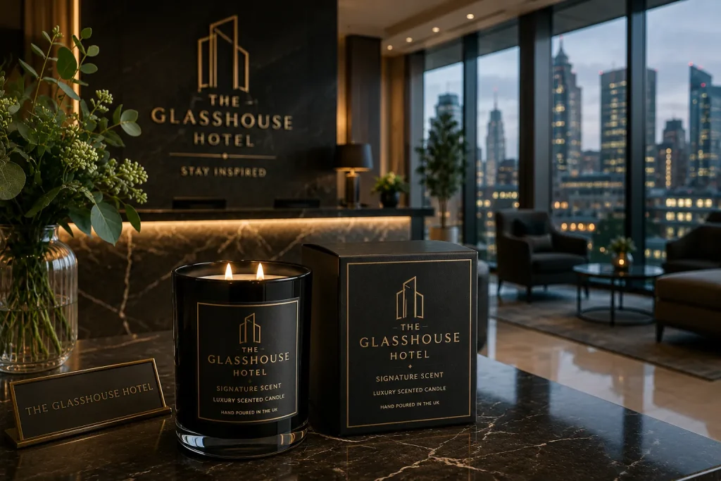 Luxury Hotel Candle displayed in the reception of the fictional The Glasshouse Hotel, featuring bespoke branding, premium black packaging and a contemporary signature hotel fragrance.