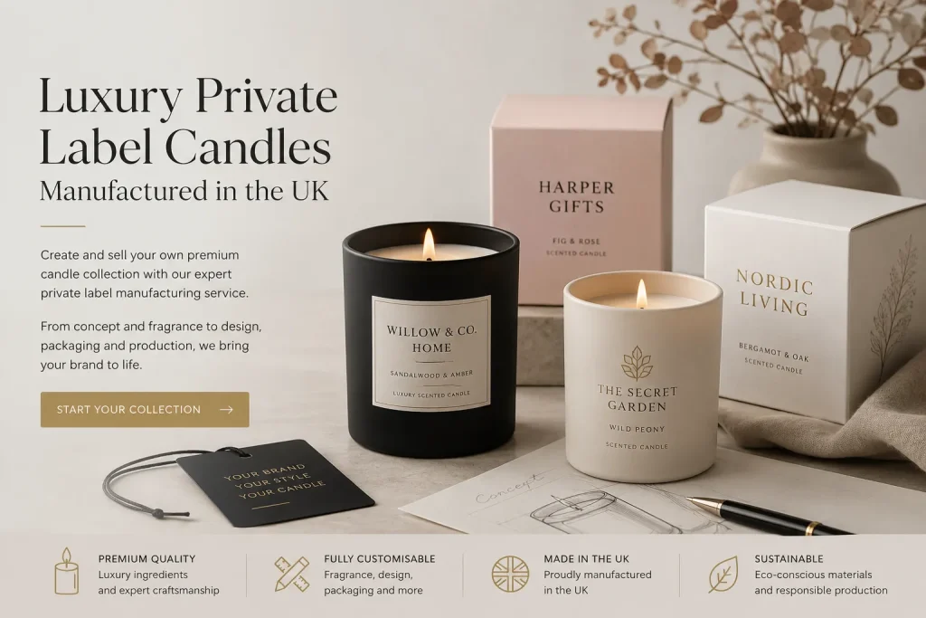 Luxury private label candles with bespoke branding, custom packaging and premium UK candle manufacturing for businesses.