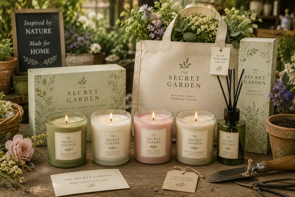 Luxury botanical home fragrance collection created for the fictional The Secret Garden brand featuring bespoke candles, reed diffuser and coordinated gift packaging.