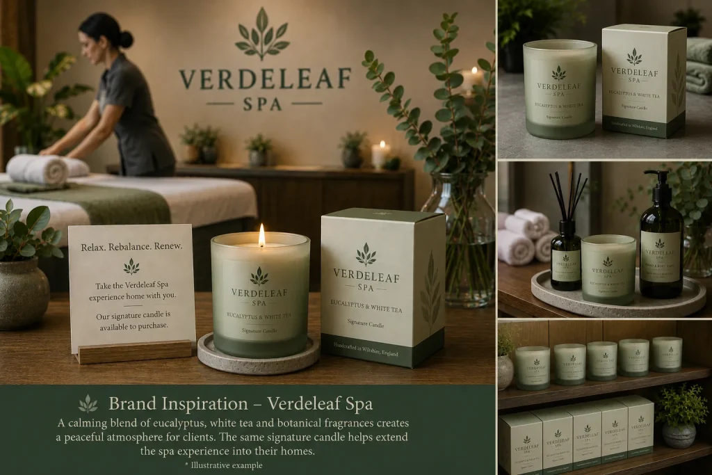Luxury spa candle collection with bespoke packaging, signature fragrance and elegant retail presentation.