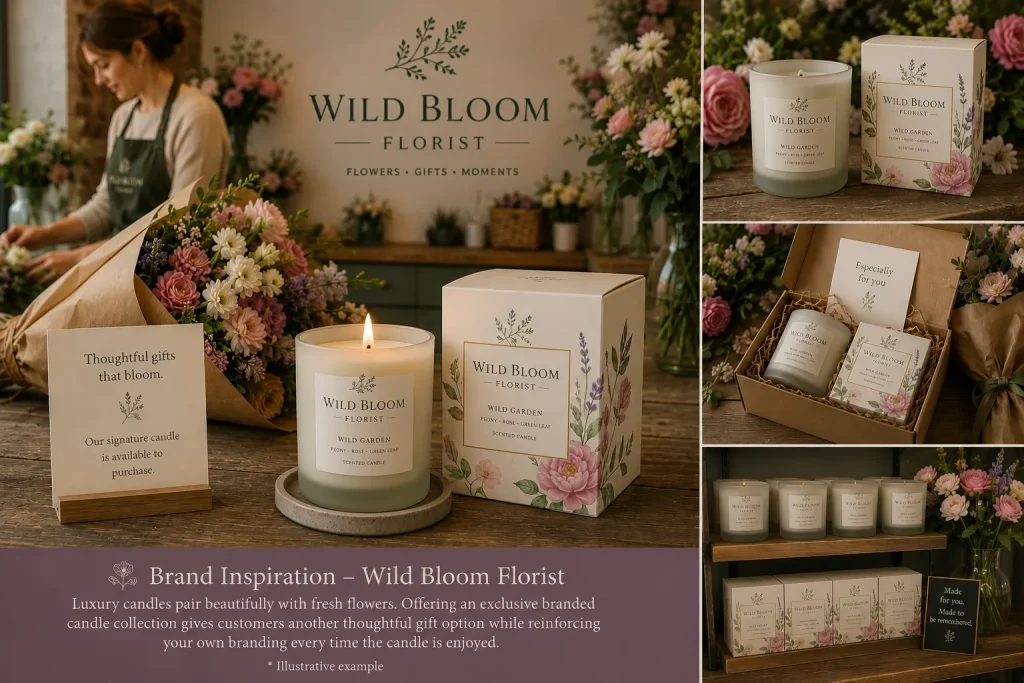 Branded candles for florists showing a bespoke Wild Bloom Florist luxury candle collection with custom packaging, gift presentation and in-store retail display.