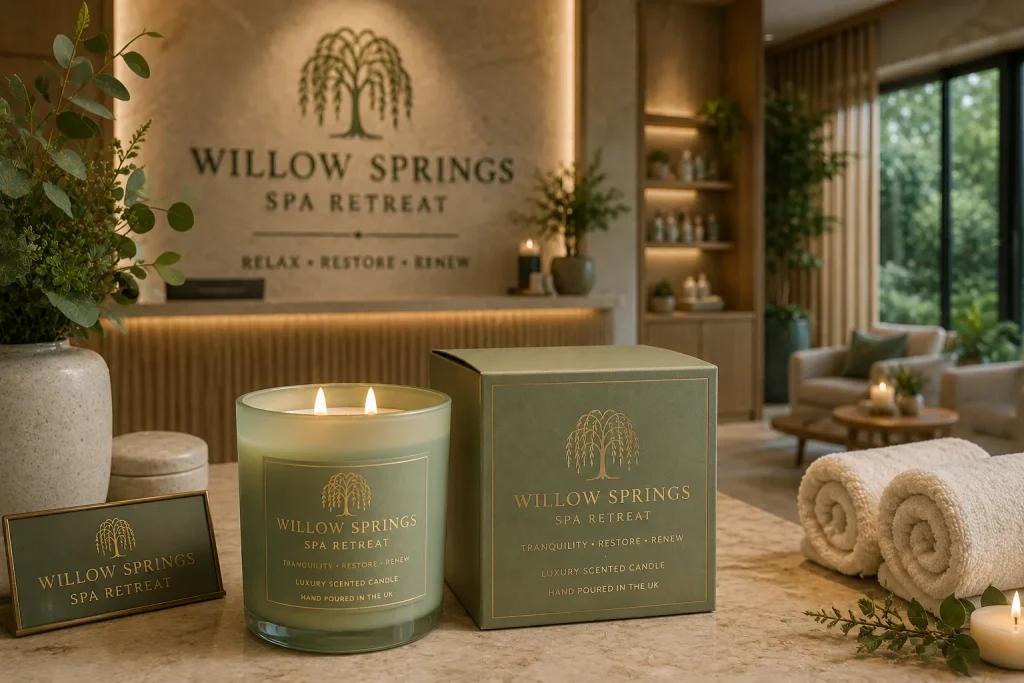 Luxury Hotel Candle displayed in the reception of the fictional Willow Springs Spa Retreat, featuring bespoke branding, premium packaging and a relaxing signature hotel fragrance.