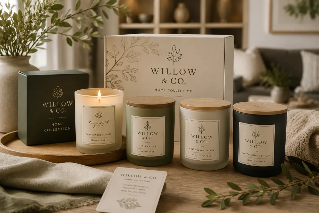 Private label candle collection created for Willow & Co. Home featuring bespoke branding, luxury packaging and premium scented candles.