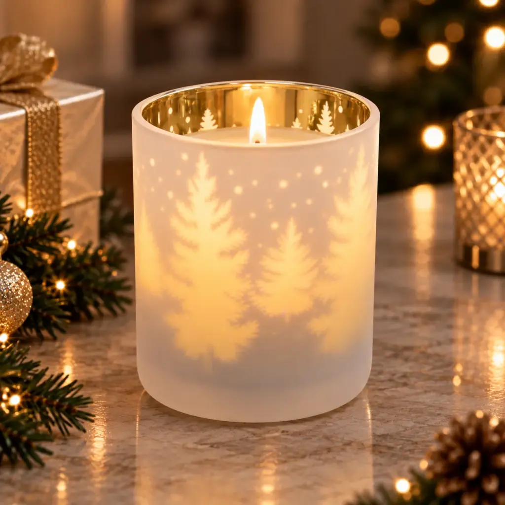 Winter Forest luxury Christmas tree candle in green festive vessel