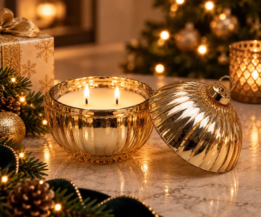 Three Kings double wick Christmas candle in gold bauble vessel