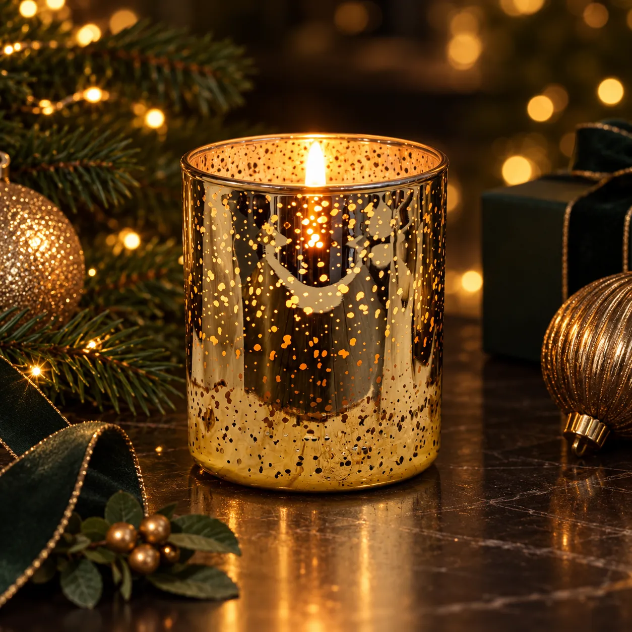 Golden Noël Christmas candle in shimmering gold mercury glass