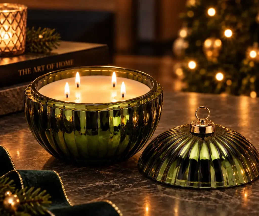 Emerald Solstice four wick green Christmas candle in large emerald bauble vessel
