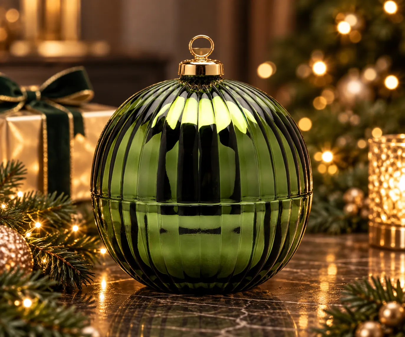Emerald Solstice large green bauble Christmas candle with four wicks