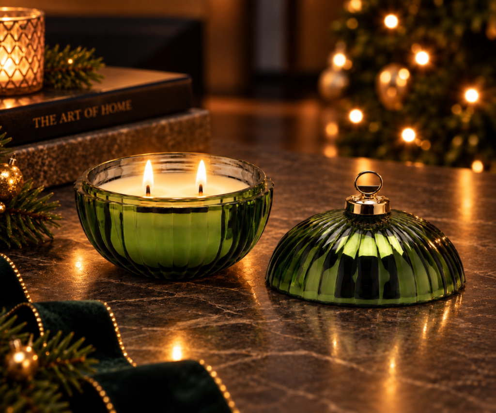 Emerald Solstice luxury festive double wick green bauble candle