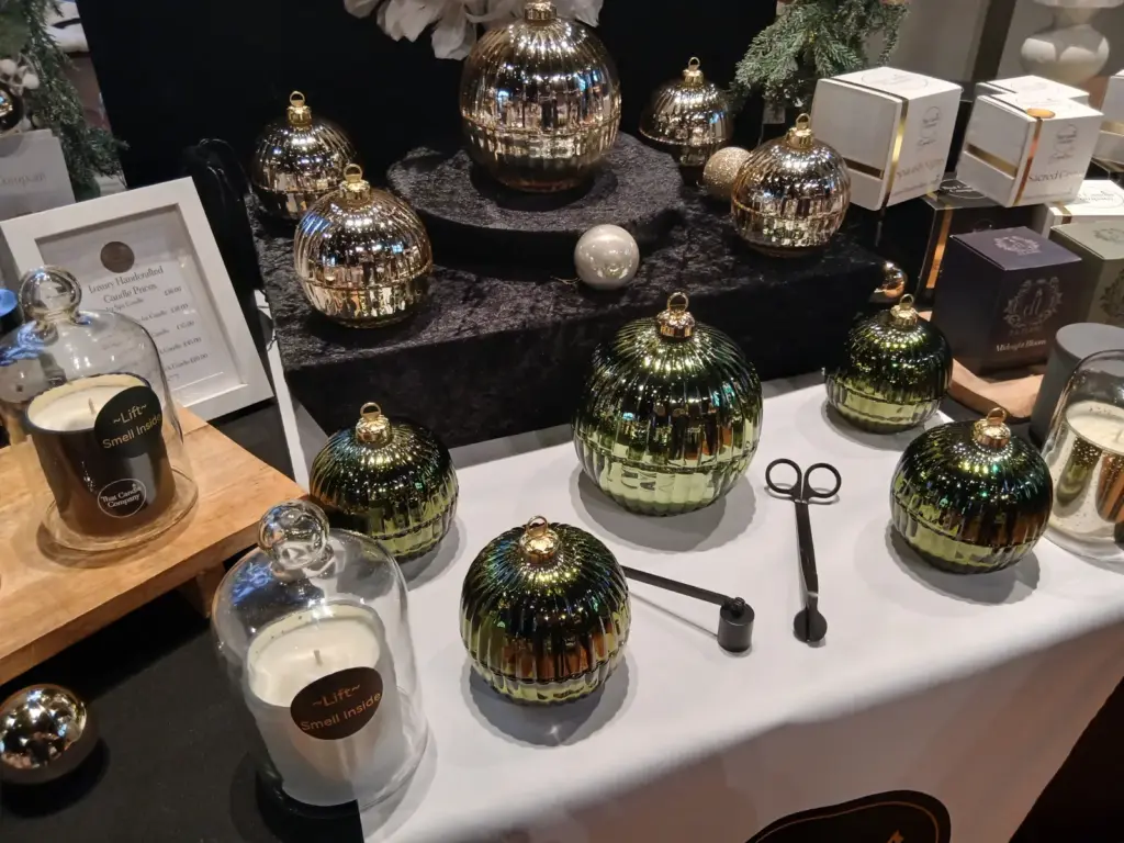 Golden Noël and emerald green luxury Christmas candles at Trowbridge Weavers Market