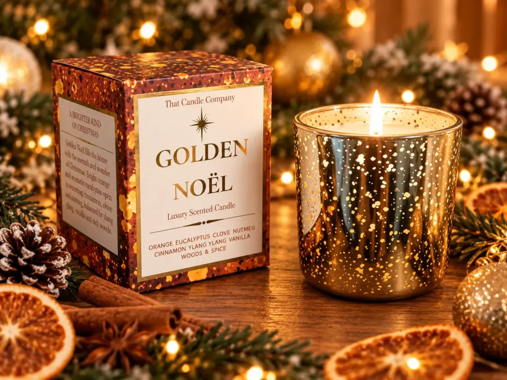 Golden Noël luxury Christmas scented candle burning in a gold-speckled glass jar beside its matching gift box, surrounded by festive decorations.