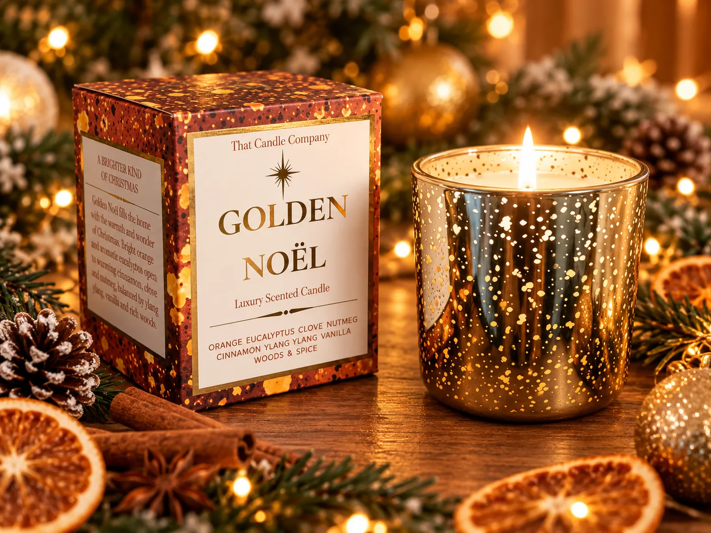 Golden Noël luxury Christmas scented candle burning in a gold-speckled glass jar beside its matching gift box, surrounded by festive decorations.