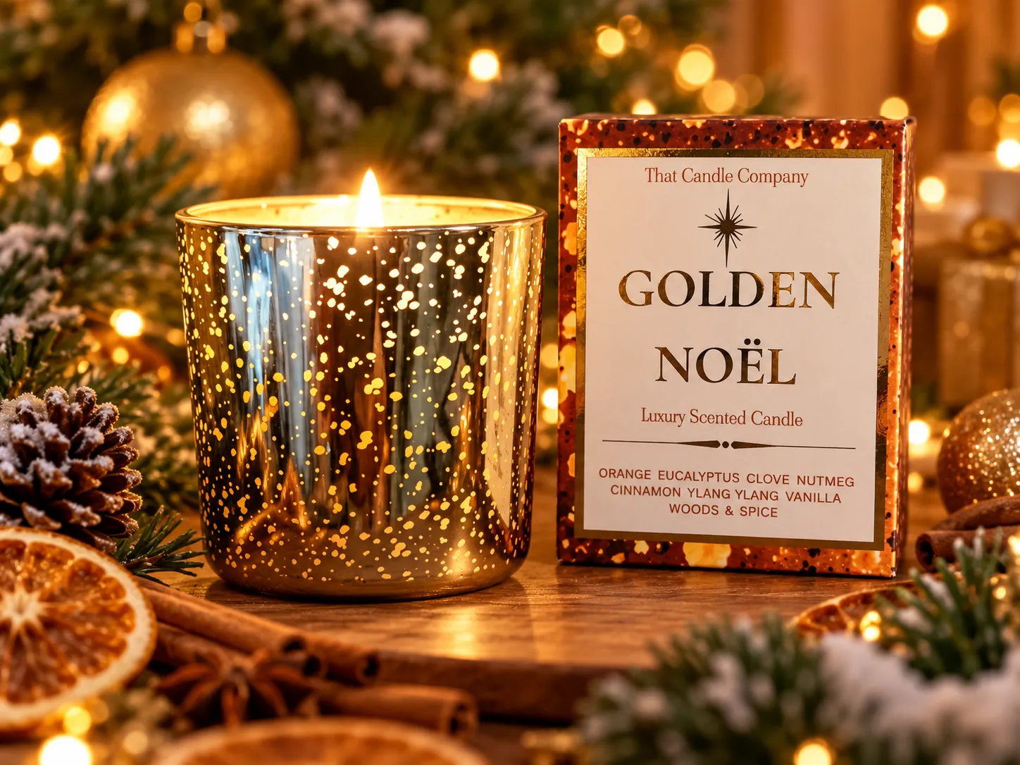 Golden Noël luxury scented Christmas candle burning in a gold-speckled glass jar beside its gift box with festive decorations.