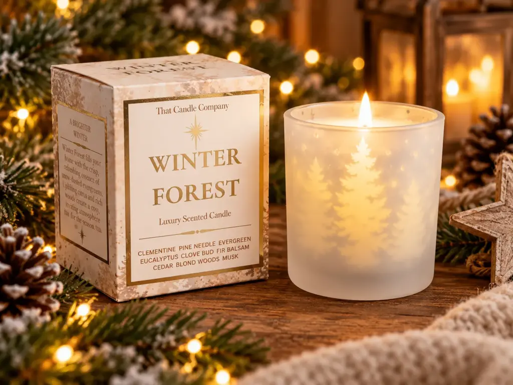 Winter Forest luxury Christmas scented candle glowing in a frosted glass jar with illuminated Christmas trees, beside its matching gift box and festive decorations.