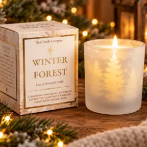 Winter Forest luxury Christmas scented candle glowing in a frosted glass jar with illuminated Christmas trees, beside its matching gift box and festive decorations.